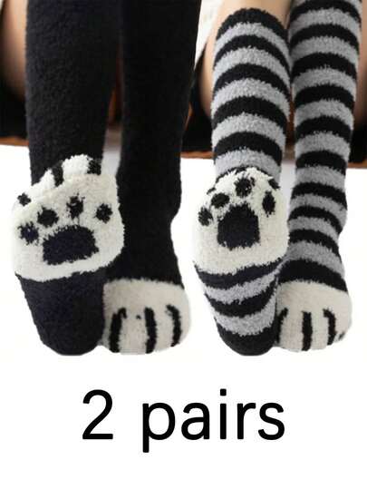 1 Pair/2 Pairs Coral Fleece Cute Paw Print Long Socks, Women's Thick Warm Fuzzy Striped Cat Paw Pattern Funny Cute Slipper Socks For Winter