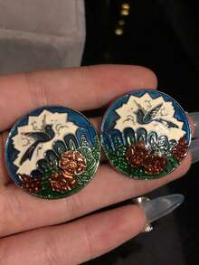 1 对复古花卉和鸟类设计珐琅耳环，优雅复古风格耳环 - 彩色 - 查看 2