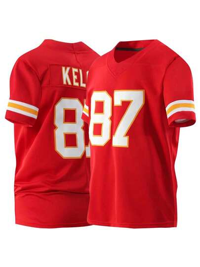 Boyfriend Style Men's Embroidery American Football Jersey 87 Red Casual Short Sleeve V-Neck T-Shirts Party Sports Top
