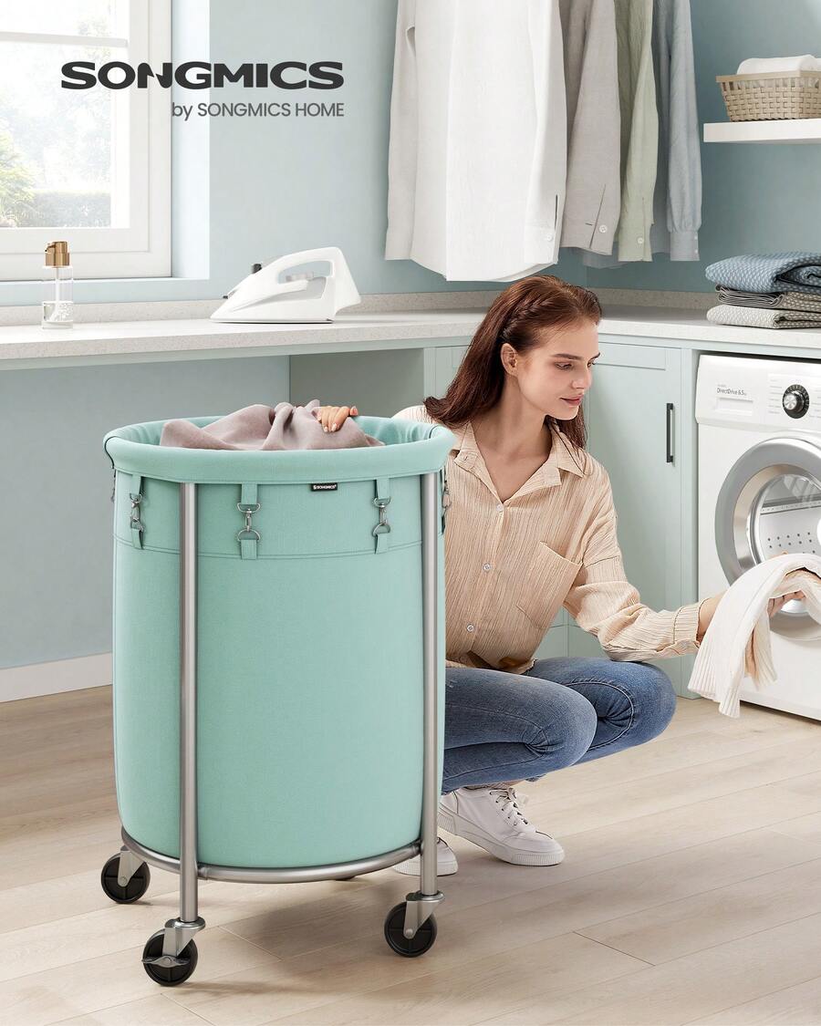 SONGMICS Laundry Basket With Wheels, Rolling Laundry Hamper, 29 Gal., Round Laundry Cart With Steel Frame And Removable Bag, 4 Casters And 2 Brakes - màu xanh lá - Xem 1