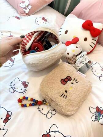 Sanrio Autumn And Winter New Plush Kitty Storage Bag, Cute Embroidered Mini Square Bag, Portable Storage Bag