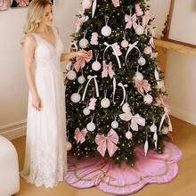 Falda de árbol de Navidad de 48 pulgadas, falda de árbol de festoneado de piel de terciopelo rojo, ribete de encaje dorado, para fiestas, decoración rústica de Navidad durante todo el año - Rosa - Ver 10