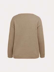 Women's Solid V-Neck Casual Loose Pullover Knit Sweater, Long Sleeve Spring - Khaki - View 2