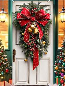 1 faixa de Natal para porta, com sinos dourados e padrão de fita vermelha, faixa de cortina de poliéster para porta, tamanho 183 x 90 cm, adequada para decoração de casa na porta da frente, faixa de festa para decoração de comemoração. Este é um produto de tecido, não uma guirlanda.