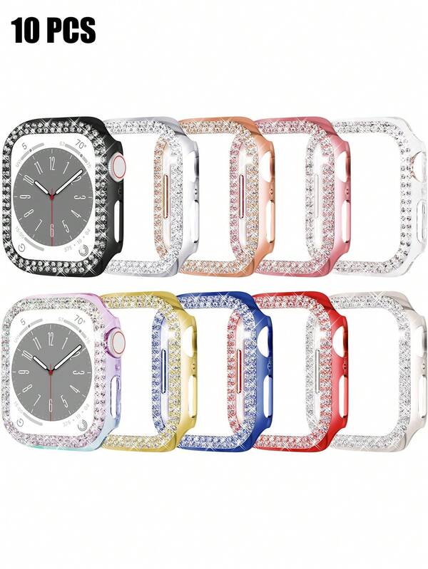 Juego de 10 piezas Estuche protector con decoración de rhinestones brillantes y diseño hueco con destellos para Apple Watch de 40/41/42/44/45/46/49mm, para Apple Watch Series Ultra/SE/10/9/8/7/6/5, accesorios de estuche de reloj inteligente