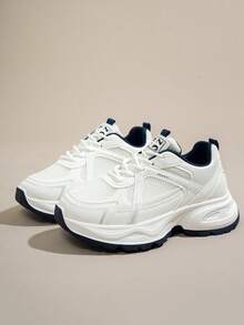 女士春秋新款休闲厚底运动鞋，网眼透气厚底坡跟休闲鞋，轻便百搭时尚系带白/灰色休闲运动鞋，适合所有季节 - 藍色 - 查看 7