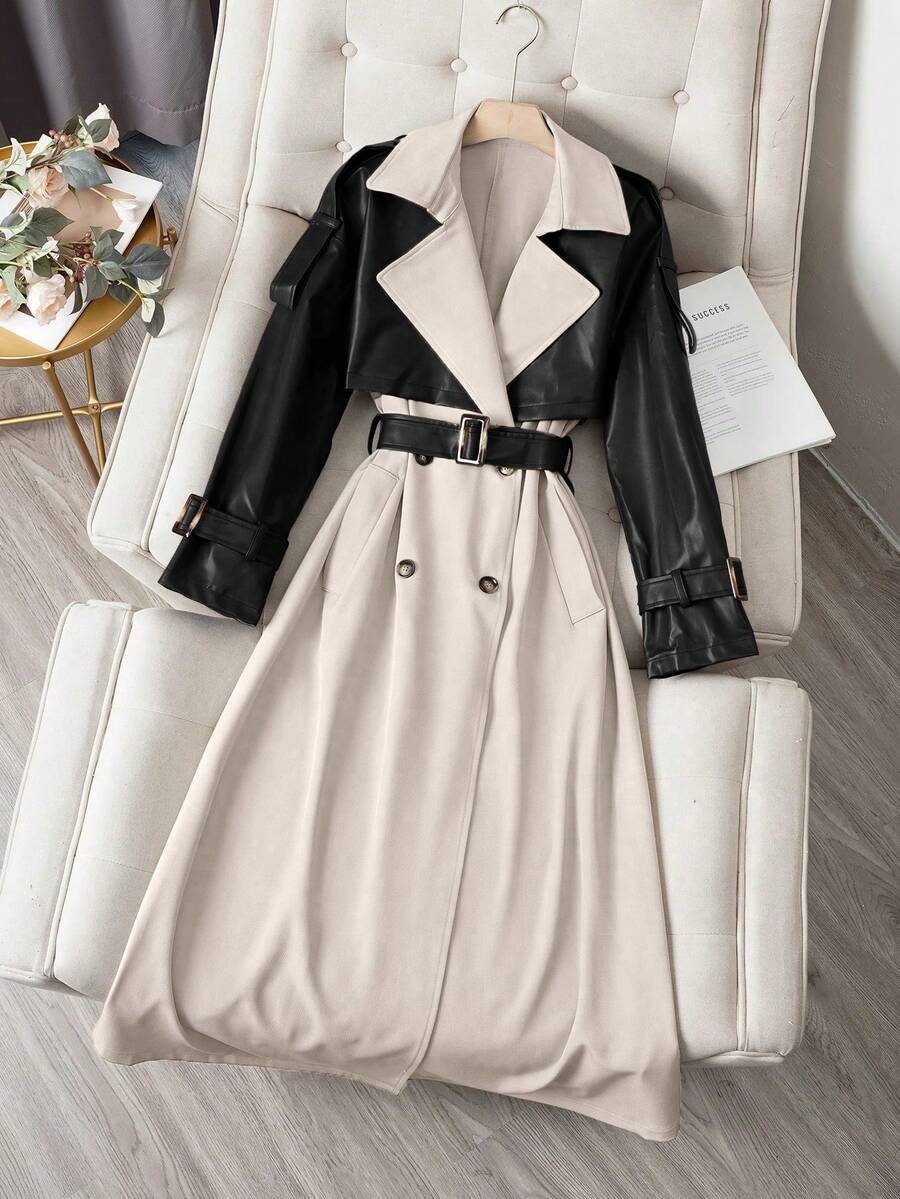Color Block Double Breasted Trench Coat, Patchwork Solid Color Contrast Pocket Belt Double Button - Apricot - View 1