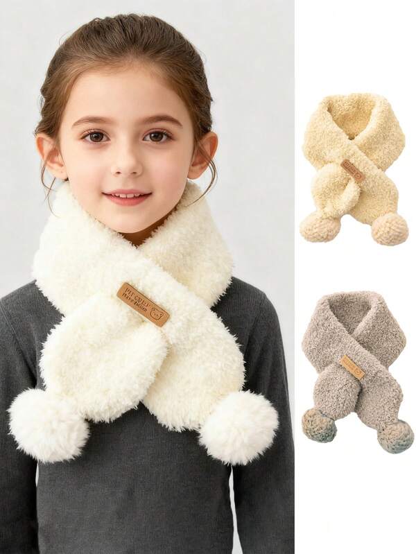 1 pièce Écharpe enfant en tricot doux de couleur unie avec croisement, réchauffe-cou bébé/tout-petit mignon avec pompon, écharpe coupe-vent pour filles pour l'automne/l'hiver, décoration de Noël