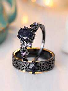 Royal Blue Crystal Oval Stone Purple Zirconia Ring Sets For Women Black Metal Engagement Bands Wedding Jewelry Set Versatile Gifts