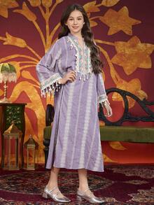 Tween Girl Embroidered Tassel Dress, Purple - Purple - View 6