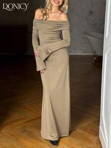 女士纯色露肩长袖连衣裙，露肩长裙，纯色图案派对连衣裙，垂褶工艺，柔软飘逸面料，修身显瘦，优雅大方，适合正式场合、情人节约会、盛大晚宴、嘉年华、节日聚会等。 - 墨綠色 - 查看 5