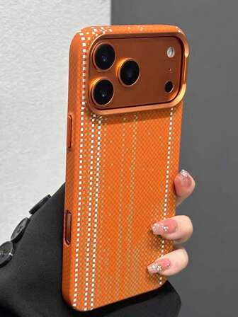 1pc New Fashion Apple 17 Pro Max Orange Gold Crafted Kevlar Texture Magnetic Luxury Anti-Drop Phone Case, Full Body Protection, Wireless Charging Compatible