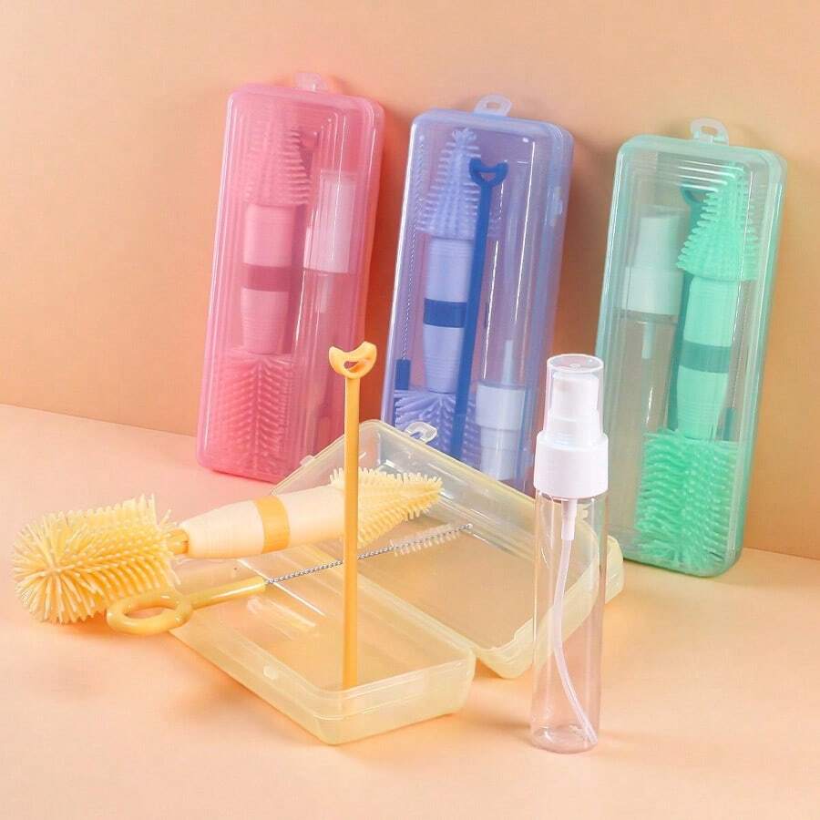 KUNT 1 Set Portable Newborn Baby Bottle Brush Storage Box Kit, Baby Nipple Brush Draining Rack Travel Accessories - Multicolor - View 1