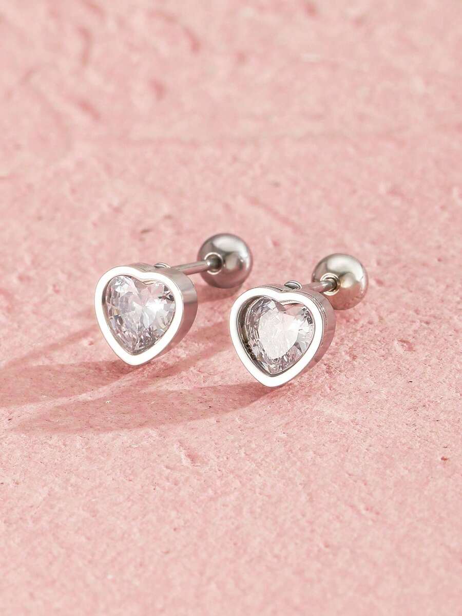 一对时尚简约心形锆石耳钉，适合女孩、家人和朋友在节日场合佩戴，珠宝配饰 - 彩色 - 查看 1
