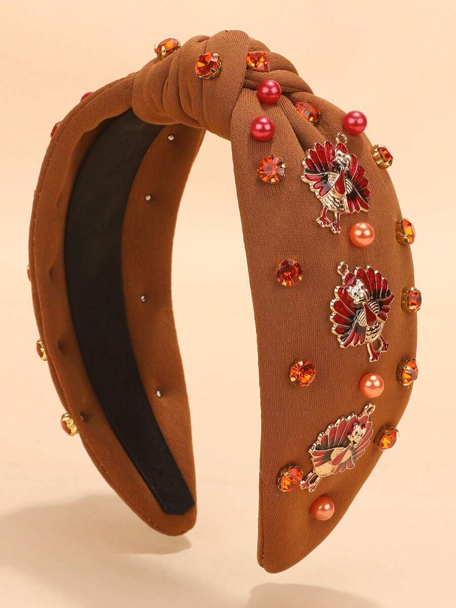 قطعة واحدة شريط رأس للنساء مزين بحجر الراين بشكل ديك رومي لعيد الشكر، إكسسوار شعر لحفلات المناسبات الخريفية