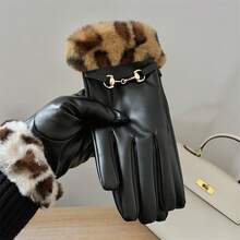 2PC Gloves For Women Winter PU Leather Fur Trim Fleece Lined Outdoor Windproof Cycling Touchscreen Cold-Proof Warm Thickened Driving Leather - S136 Lông báo gấp gọn - Xem 3