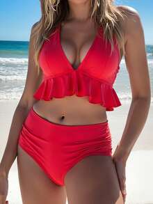 AONIHUA 女士 V 领两件套假日纯色性感挂脖比基尼泳衣套装，适合夏季海滩度假，沙滩装 - 紅色 - 查看 5