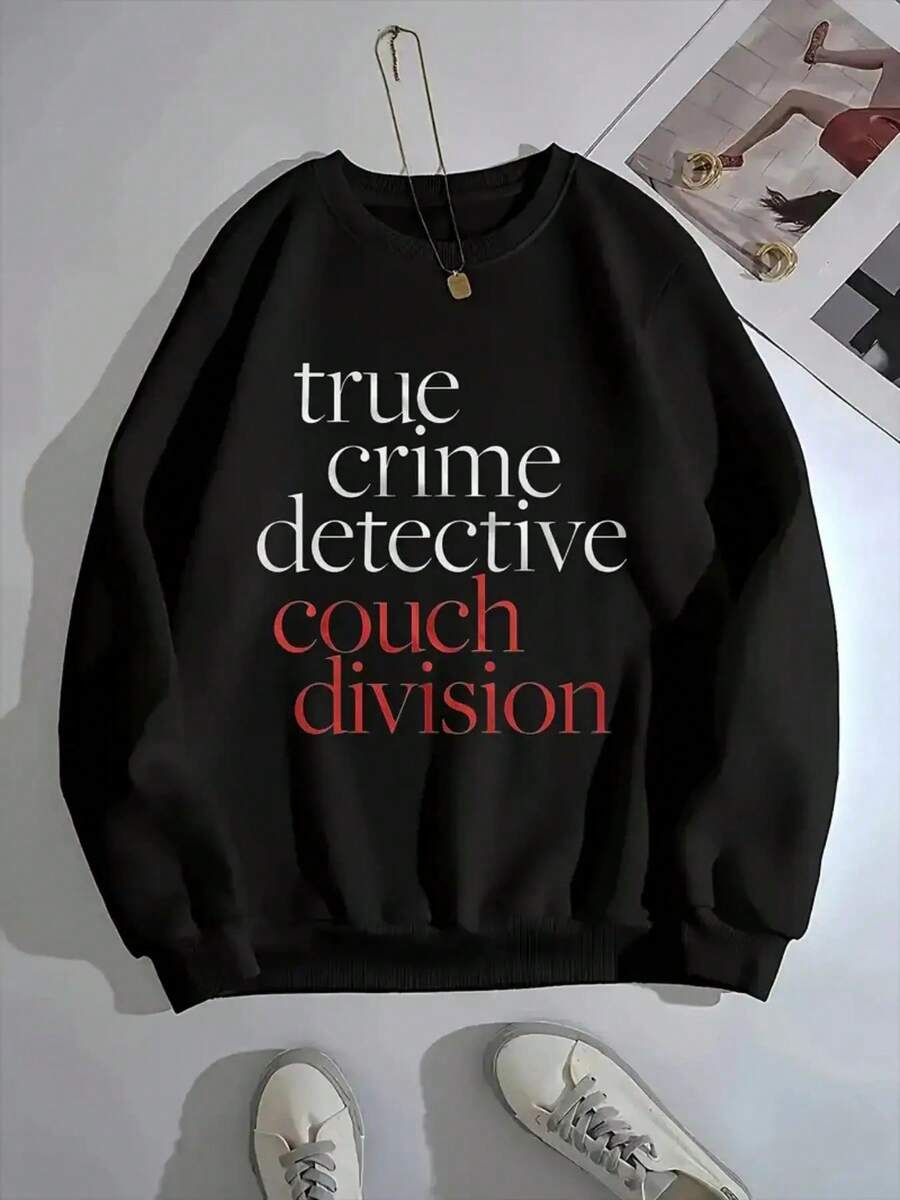 2025's True Crime TV Show Inspired Sweatshirt - Crime Scene Text Print (Detective/Division)| Oversized Loose Fit Crewneck Sweater| Cozy Fall Winter Sweater For True Crime Fans| TV Show Themed FitSoft And Breathable - 黑色 - 查看 1