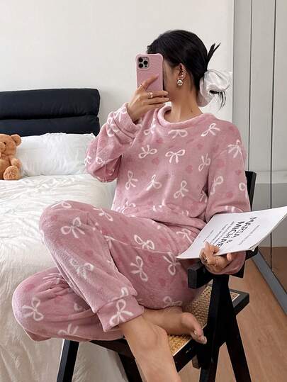 2-delat set med damsovkläder, söta varma fleece-pyjamasar för höst/vinter, minimalistiska hemkläder, flanell-/korallfleece-rosettdesign