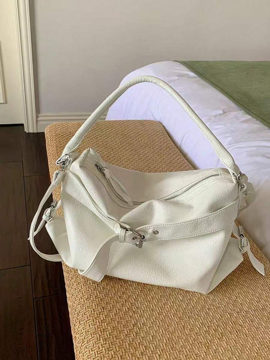 (9016)Women's Simple Boston Bag, Versatile Buckle Design Shoulder Bag/Crossbody Bag, Solid Color - 白色 - 查看 1