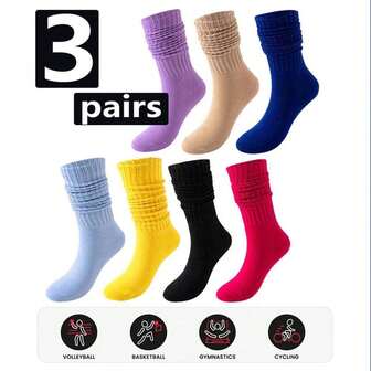3 Pairs/Set Solid Color Casual Slouch Socks, Candy Colors, Warm & Bubble Socks, Colorful Mid-Calf Socks (Multiple Colors Available)