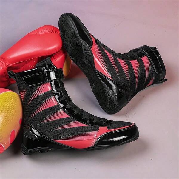Zapatos de lucha para hombres, zapatos de boxeo de caña alta, zapatos de entrenamiento, botas de kickboxing, zapatos de Muay Thai, zapatos de fitness, zapatos deportivos profesionales de alta calidad para hombres, zapatos cómodos, antideslizantes, resistentes al desgaste, transpirables y con soporte de tobillo con suelas texturizadas