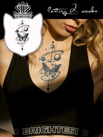 果汁纹身采用天然植物成分制成，半永久性纹身贴纸，科幻，神秘宇宙，星球星星，蝴蝶图案，临时假纹身，花臂，脚踝，肩膀，颈部，锁骨，DIY，日常派对，节日礼物，1-2周的身体装饰，不褪色，不反光，防水，逼真纹身贴纸，1包