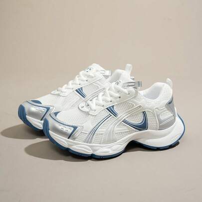 Zapatillas deportivas casuales de mujer para primavera/otoño, con suela gruesa, de malla transpirable y cuña, zapatos de ocio ligeros y versátiles con cordones, en blanco/gris, adecuados para todas las estaciones