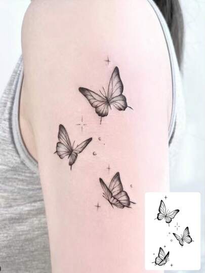 1 Stück PVC Material wasserfest, schweißresistent und temporäres Tattoo Aufkleber, skizzenhafter Farbverlauf grau-schwarz Schmetterling mit zarten Sternen, temporäres Tattoo hält 3-5 Tage