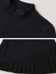 NcmRyu 1pc Women Zip-Up Mock Neck Bodysuit With Pleated Skirt & Shorts Lining, Activewear Romper - màu đen - Xem 4
