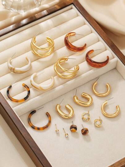 9 قطعة/مجموعة من الأقراط الأنيقة - تصميم شكل C من الراتنج/طباعة جلد النمر/هندسي، مناسبة للاستخدام اليومي للنساء وحفلات المناسبات، هدية (بدون بطاقة)