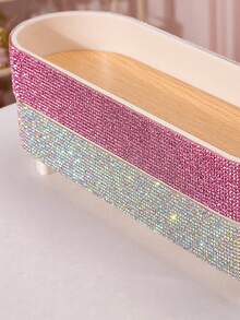 Rhinestone Luxury Oval Tray Cosmetic Storage Box, Rhinestone Decorated Desktop Organizer Tray - Multicolor - View 3