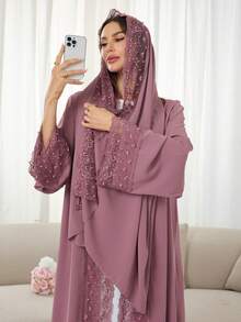 1 套头巾 + 开放式阿巴亚伊斯兰中长连衣裙，土耳其迪拜阿巴亚长袍带头巾，适合穆斯林女性日常穿着