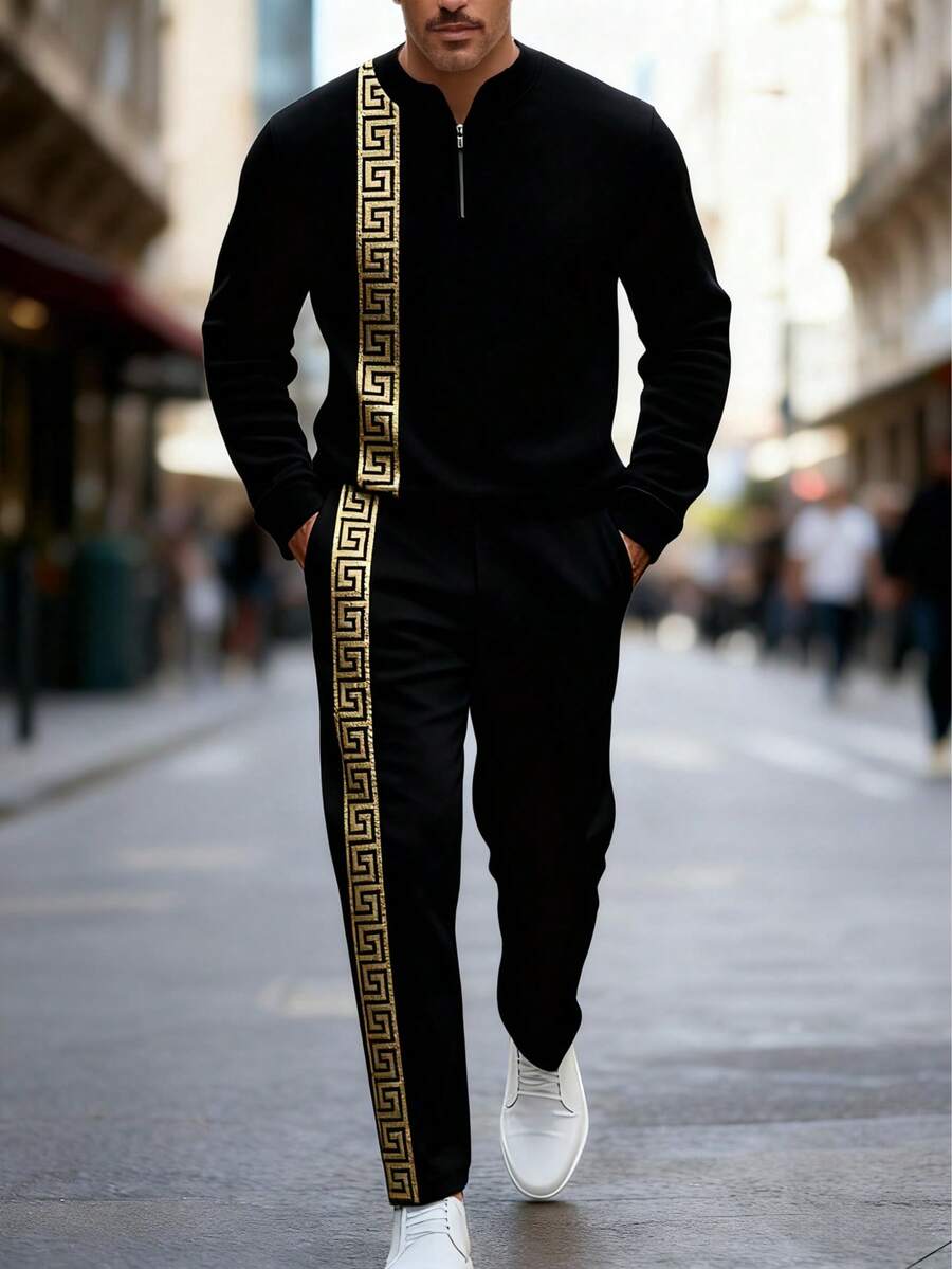 2PCS High-Quality Polyester Men's Long-Sleeved + Long Pants Sportswear Set, 3D Printed Pattern, Anti-Wrinkle And Easy To Care For, Half-Collared Top, European And American Style, Fitness, Outdoor Leisure, Golf, Tennis - 黑色 - 查看 1