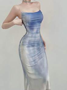 1pc Ombre Elegant Backless Slit Gradient Print Mesh Cami Dress, Suitable For Party, All Season - Purple - View 4