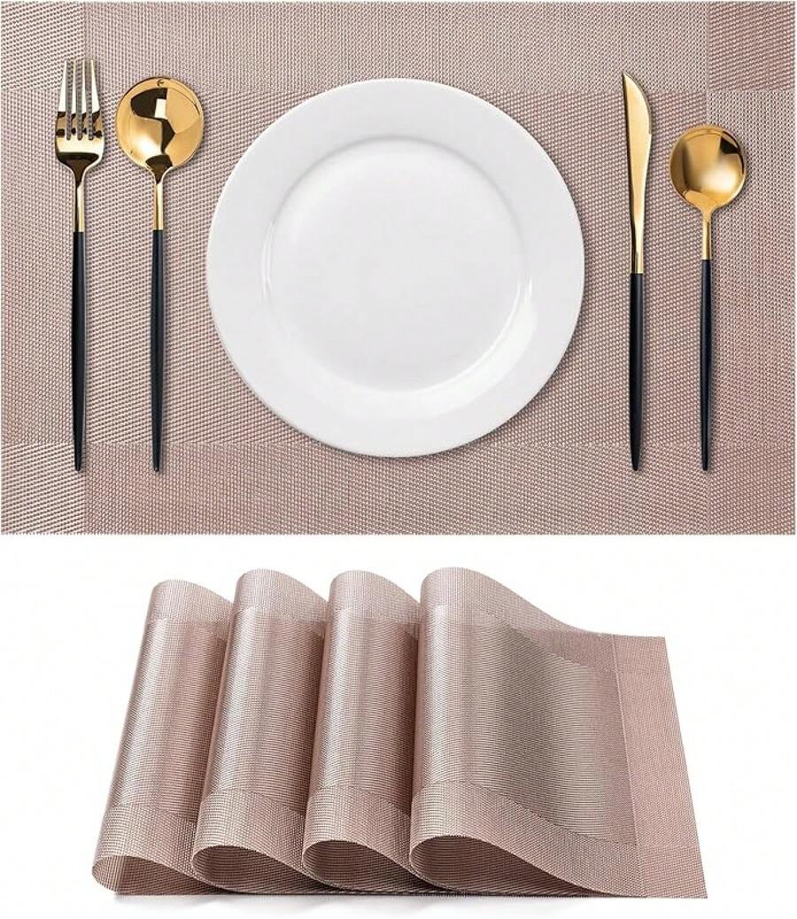 Washable Vinyl Placemats Set Of 4 For Indoor/Outdoor Use - B-four-corner-khaki - View 1