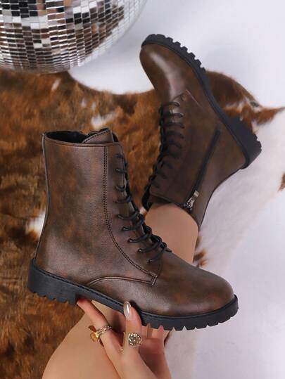 Neue Damen Mode Stiefel bis zur Mitte des Wades, einfarbige Sportschuhe aus Kunstleder mit Schnürung und Seitlichem Reißverschluss, Schnürstiefel für Urlaub im Herbst/Winter