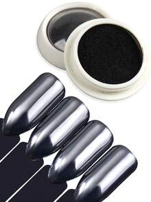 1盒铬黑色指甲粉，金色金属摩擦粉颜料，镜面美甲闪粉化妆配件，Y2K美甲装饰（含1支刷子） - 黑色 - 查看 5