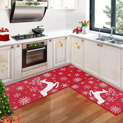 Christmas Kitchen Rug Sets Xmas Holiday Snowflake And Christmas Deer Kitchen Mat 2 Pieces Non-Slip Decorative Doormat Area Runner Carpet Set Floor Mat For Home Decoration, 40*60 Cm+40*120cm