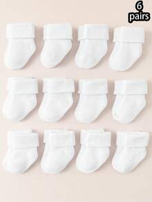 6双新生儿纯白色纯色平口袜子，柔软舒适，温暖，适合秋冬季