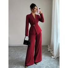 Women's Elegant Lapel V-Neck Long Sleeve Unique Design Waist Belt Buttoned High-End Blazer Jacket And Straight Wide-Leg Pants Two Pieces Suit, Suitable For Work Commute In Autumn - Màu Đỏ Sâu - Xem 3