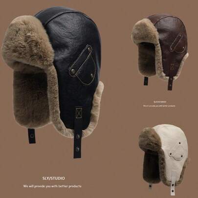 New Vintage Leather Trapper Hat, Warm Winter Aviator Hat, Thermal Lined Thick Ear Protection Hat For Cycling Skiing, Solid Color Casual Polyester Thermal,Summer,Beach,Holiday