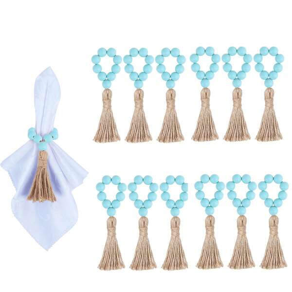 12pcs Handmade Wooden Bead Napkin Rings, Natural Wood Beads & Tassels Napkin Rings, Wooden Napkin Rings, Wedding Table Decor Rings