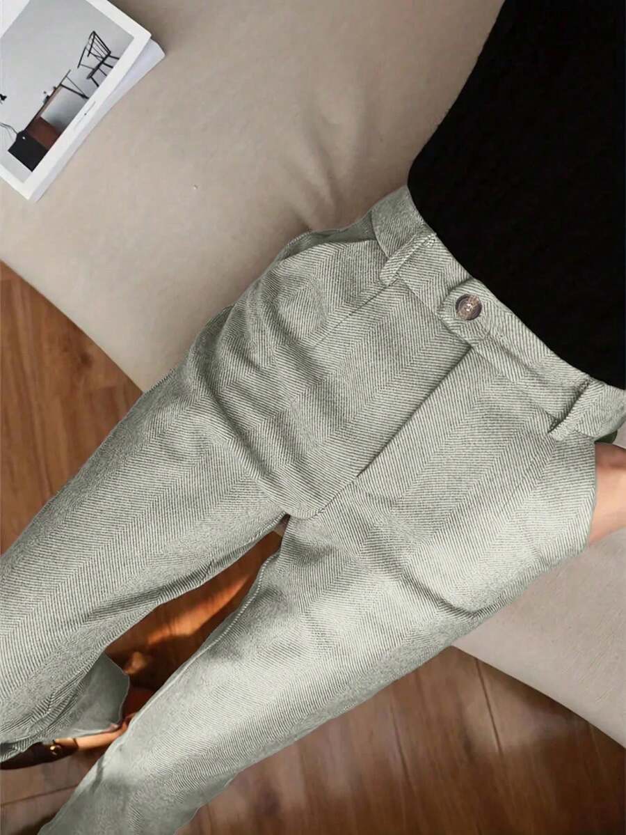 French Design Niche Straight-Leg Suit Pants, High-Waisted, Elegant, Autumn/Winter - Green - View 1