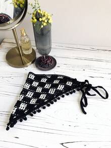 1pc Geometric Pattern Woven Hollow Polka Dot Tassel Trim Headscarf, Vintage Chic Versatile Headpiece Warm Hair Bands Winter Hair Accessories Women Bandana Soft Head Wrap