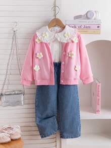 3pcs/Set Young Girl Floral Applique Cardigan Jacket, Long Sleeve Blouse & Straight Leg Pants, Suitable For Daily, Spring Outing, Commute, Outdoor, Vacation, Photography, Picnic, School