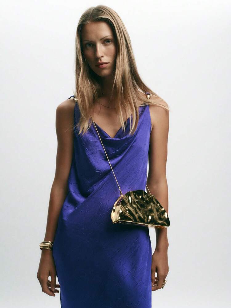 Bolsa Transversal de Ombro Assimétrica com Textura de Metal, Fechamento por Pressão, Bolsa de Festa Luxuosa para Mulheres, Perfeita para Casamentos, Festas, Drinques, Galas e Feriados, Item Essencial para o Outono e Inverno - Dourado - Visão 2