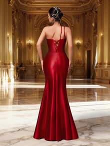 VIPGIRL Váy dạ hội ôm sát thêu rồng satin đỏ phong cách Trung Hoa xẻ tà cao, váy dạ hội lệch vai cho nữ, váy dạ hội gợi cảm, váy dự tiệc cưới thanh lịch, váy dự tiệc sang trọng, váy dạ hội dài, váy dạ hội cho nữ, váy đỏ cho nữ, váy cocktail quyến rũ - Đỏ - Xem 2