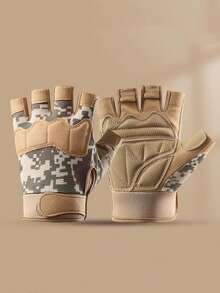 运动迷彩印花半指手套，适合骑自行车、骑摩托车和滑雪，黑色手套