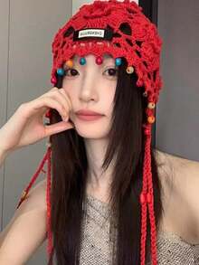 Boho Bohemian Retro Handmade Tassel Fashion Ball Red Knitted Wool Hat, Warm Headband Hat With Ear Protection For Winter, Unisex Knit Beanie Warm Thermal Outdoor Hat For Skiing And Traveling, Random Style And Color